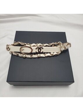 Chanel Belt White Leather Chain Pearl GHW Size 80